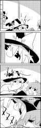 Rule 34 | 4koma, ^^^, bow, cirno, comic, commentary request, crossed arms, doorway, food, food on face, greyscale, hair bow, hat, hat bow, highres, ice cream, ice cream cone, kirisame marisa, leaning forward, long hair, monochrome, no humans, peeking, shaded face, shouji, sliding doors, smile, sparkle, tani takeshi, touhou, translation request, witch hat, yukkuri shiteitte ne