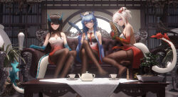 Rule 34 | 3girls, absurdres, arknights, bare shoulders, black hair, blue eyes, blue hair, breasts, brown pantyhose, cleavage, commentary request, couch, cup, dress, drinking glass, dusk (arknights), folding fan, hand fan, highres, holding, holding cup, holding fan, horns, indoors, ling (arknights), ling dianxia, long hair, looking at viewer, medium breasts, multiple girls, nian (arknights), no shoes, pantyhose, parted lips, ponytail, purple eyes, red eyes, siblings, sisters, sitting, sleeveless, sleeveless dress, strapless, strapless dress, table, tail, teacup, teapot, very long hair, white hair, wine glass