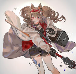 Rule 34 | 1girl, angelina (arknights), animal ears, arknights, bag, black gloves, black shirt, black shorts, breasts, brown hair, closed mouth, coat, earpiece, expressionless, feet out of frame, fox ears, gloves, gradient background, grey background, hairband, highres, holding, holding staff, hood, hooded coat, infection monitor (arknights), jacket, long hair, material growth, open clothes, open coat, open jacket, oripathy lesion (arknights), px2011, red eyes, red hairband, red jacket, shirt, short shorts, shorts, shoulder bag, simple background, small breasts, solo, staff, standing, twintails, unzipped, white coat, zipper pull tab