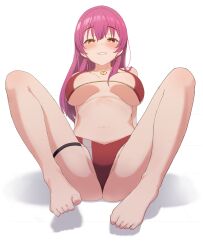 Rule 34 | 1girl, absurdres, alternate hair color, arm support, arms behind back, ass, barefoot, bikini, breasts, collarbone, commentary request, earrings, eyelashes, feet, foreshortening, full body, gradient hair, highres, hololive, houshou marine, houshou marine (summer), jewelry, knees up, large breasts, leaning back, legs, long hair, long legs, looking at viewer, multicolored hair, navel, official alternate costume, orange eyes, partially visible vulva, purple hair, red bikini, shadow, sidelocks, simple background, solo, stomach, swimsuit, teeth, thigh strap, thighs, toes, turu3ya, underboob, virtual youtuber, white background