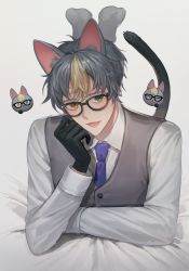 Rule 34 | 1boy, animal crossing, animal ears, black gloves, blonde hair, blue neckwear, cat, cat ears, cat tail, commentary request, glasses, gloves, green eyes, grey hair, grey sweater, highres, long sleeves, looking at viewer, lying, male focus, micha, multiple views, necktie, nintendo, on stomach, open mouth, personification, raymond (animal crossing), shirt, sweater, tail, white shirt