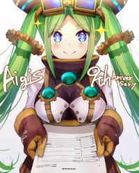 Rule 34 | 1girl, :&gt;, absurdres, anniversary, blue eyes, blush, breasts, bright pupils, brown mittens, commentary, cropped shirt, gears, goggles, goggles on head, green hair, hat, highres, holding, holding paper, long hair, long sleeves, looking at viewer, medium breasts, mittens, paper, parted bangs, sennen sensou aigis, shirt, simple background, smile, solo, sparkle, tabitha (sennen sensou aigis), taicho128, twintails, typo, upper body, very long hair, white background, white pupils, white shirt