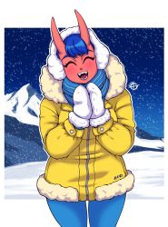 Rule 34 | 1girl, 2020, ^ ^, absurdres, blue hair, blue pantyhose, blue scarf, blush, cinna (taggo), closed eyes, coat, colored skin, eyebrows, facing viewer, fangs, highres, horns, mittens, mountainous horizon, oni, oni horns, open mouth, original, outdoors, pantyhose, red skin, scarf, short hair, smile, snow, snowing, solo, taggo, teeth, yellow coat