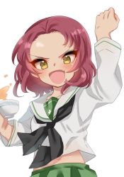 Rule 34 | 1girl, alternate costume, arm up, black neckerchief, blouse, blush, brown eyes, clenched hand, commentary request, cup, fang, girls und panzer, green skirt, holding, holding cup, kumasawa (dkdkr), light blush, long sleeves, looking at viewer, medium hair, midriff, navel, neckerchief, one-hour drawing challenge, ooarai school uniform, open mouth, pleated skirt, raised fist, red hair, rosehip (girls und panzer), school uniform, serafuku, shirt, simple background, skin fang, skirt, smile, solo, spilling, standing, teacup, upper body, v-shaped eyebrows, white shirt