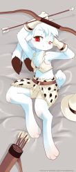 Rule 34 | 1girl, absurdres, ancesra, animal feet, animal nose, animal print, arms up, arrow (projectile), artist name, bare shoulders, barefoot, bed sheet, belt, bike shorts, blush, body fur, bow (weapon), breasts, character name, commission, crop top, dakimakura (medium), dated, ears down, feet, female focus, from above, full body, fur (clothing), furry, furry female, gloves, grey background, grin, half-closed eye, happy, hat, highres, holding, holding arrow, leopard print, looking at viewer, lying, midriff, on back, one eye closed, original, quiver, rabbit ears, rabbit girl, rabbit tail, red eyes, shirt, short hair, sleeveless, sleeveless shirt, small breasts, smile, snout, solo, split mouth, unworn hat, unworn headwear, watermark, weapon, white fur, white gloves, white hair, white hat, white shirt, wink