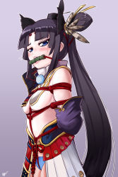 Rule 34 | 1girl, armor, arms behind back, bdsm, bit gag, black hair, black hat, blue eyes, blue panties, blush, bondage, bound, breasts, cowboy shot, crotch rope, detached sleeves, fate/grand order, fate (series), gag, gagged, gradient background, hat, highres, japanese armor, kusazuri, long hair, panties, pom pom (clothes), revealing clothes, rope, saliva, sharpffffff, side ponytail, small breasts, underwear, ushiwakamaru (fate), very long hair