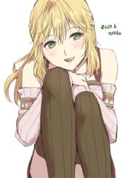 Rule 34 | 1girl, blonde hair, blush, dated, detached sleeves, fiora (xenoblade), green eyes, long hair, looking at viewer, open mouth, simple background, smile, solo, thighhighs, white background, xenoblade chronicles (series), xenoblade chronicles 1, yamamori kinako