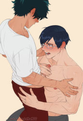 Rule 34 | 2boys, ass grab, between pecs, between pectorals, black hair, blush, body freckles, boku no hero academia, commentary, freckles, frottage, glasses, green hair, hand on another&#039;s penis, iida tenya, looking at another, male focus, midoriya izuku, multicolored hair, multiple boys, muscular, muscular male, open mouth, pants, pecjob, pectorals, penis, penis on upper body, red eyes, red pants, riffraffhellyea, scar, scar on arm, scar on hand, shiny skin, shirt, teeth, tongue, tongue out, topless male, two-tone hair, white shirt, yaoi