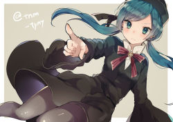 Rule 34 | &gt;:(, 1girl, bad id, bad pixiv id, bell, black dress, blue hair, blush, closed mouth, dress, dutch angle, feet out of frame, frown, green eyes, grey background, grey pantyhose, hat, hatsune miku, ikeuchi tanuma, jingle bell, long hair, long sleeves, looking at viewer, low twintails, pantyhose, pointing, pointing at viewer, red ribbon, ribbon, simple background, solo, twintails, twitter username, v-shaped eyebrows, vocaloid, wide sleeves