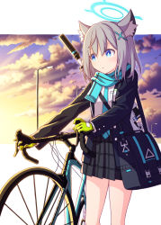 Rule 34 | 1girl, :o, absurdres, animal ear fluff, animal ears, assault rifle, bicycle, black jacket, blazer, blue archive, blue eyes, blue necktie, blue scarf, commentary request, fringe trim, gloves, green gloves, grey hair, grey skirt, gun, hair between eyes, harada (sansei rain), highres, jacket, lamppost, long sleeves, looking away, necktie, open clothes, open jacket, parted lips, pleated skirt, rifle, scarf, shiroko (blue archive), shirt, sig sauer 556, skirt, solo, sunset, thighs, weapon, weapon on back, white shirt