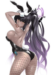 Rule 34 | 1girl, animal ears, armpits, ass, bare shoulders, black hair, black leotard, blue archive, blush, breasts, closed mouth, commentary request, cowboy shot, curvy, dark-skinned female, dark skin, detached collar, earrings, fake animal ears, fishnet pantyhose, fishnets, from behind, gloves, high ponytail, highleg, highleg leotard, huge ass, jewelry, k2isu, karin (blue archive), karin (bunny) (blue archive), large breasts, leotard, long hair, looking at viewer, official alternate costume, pantyhose, playboy bunny, rabbit ears, rabbit tail, shiny clothes, shiny skin, sideboob, sidelocks, solo, tail, thong leotard, very long hair, white background, white gloves, wide hips, wrist cuffs, yellow eyes