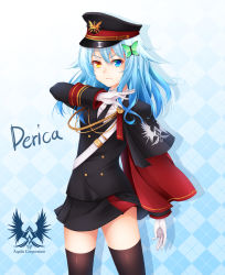 Rule 34 | 1girl, aiguillette, aquila corporation, blue eyes, blue hair, butterfly hair ornament, cape, capelet, character name, gloves, hair ornament, hat, healther, heterochromia, highres, looking at viewer, matching hair/eyes, military, military uniform, necktie, original, peaked cap, sash, skirt, solo, thighhighs, uniform, white gloves, wind, wind lift, yellow eyes