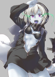 Rule 34 | 10s, 1girl, abyssal ship, backpack, bag, cannon, cowboy shot, glowing, glowing eyes, grey background, highres, hood, kantai collection, long sleeves, navel, open mouth, purple eyes, re-class battleship, saliva, scarf, short hair, silver hair, solo, spirytus tarou, tail, tongue, turret, weapon