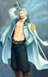 Rule 34 | 1boy, abs, belt, boots, cigar, epaulettes, fur trim, gloves, hand in pocket, highres, jacket, jacket on shoulders, jitte, male focus, one piece, open clothes, scar, smoker (one piece), solo, standing, weapon, white hair