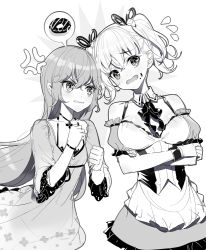 Rule 34 | 2girls, anger vein, apron, blush, bow, breasts, clenched teeth, crossed arms, detached collar, doughnut, dress, flying sweatdrops, food, food on face, frilled apron, frills, greyscale, hair between eyes, hair ribbon, hands up, long hair, medium breasts, monochrome, multiple girls, nose blush, open mouth, original, puffy short sleeves, puffy sleeves, ribbon, ririko (zhuoyandesailaer), short hair, short sleeves, sleeveless, sleeveless dress, spoken food, teeth, twintails, v-shaped eyebrows, very long hair, waist apron, wide sleeves