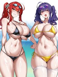 Rule 34 | 2girls, areola slip, aviator sunglasses, azur lane, bare shoulders, beach, bikini, black bikini, blue hair, blush, breasts, cleavage, collarbone, commentary request, eyewear on head, goggles, goggles on head, grin, highres, kirome (kamipaper), large breasts, long hair, looking at viewer, multiple girls, navel, official alternate costume, open mouth, pola (azur lane), pola (seaside coincidence) (azur lane), red hair, side ponytail, sideboob, sidelocks, skindentation, smile, stomach, sunglasses, swimsuit, thighs, twintails, underboob, wet, yellow bikini, yellow eyes, zara (azur lane), zara (poolside coincidence) (azur lane)
