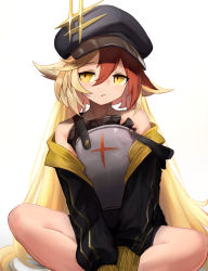 Rule 34 | + +, 1girl, alchemy stars, bare shoulders, black hat, black jacket, blonde hair, closed mouth, covered navel, e nnihql, fang, feet out of frame, gronru (alchemy stars), hair between eyes, hat, highres, indian style, jacket, long hair, long sleeves, multicolored hair, off shoulder, red hair, simple background, sitting, slit pupils, solo, twintails, two-tone hair, very long hair, white background, yellow eyes