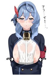 Rule 34 | 1girl, absurdres, ako (blue archive), areola slip, armband, bell, black hairband, blue archive, blue coat, blue eyes, blue hair, blush, breasts, coat, commentary request, cowbell, fffukuzawa, hair between eyes, hairband, highres, large breasts, medium hair, see-through, sideboob, simple background, solo, sweat, translation request, wardrobe malfunction, wavy hair, white background