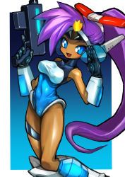 Rule 34 | 1girl, black gloves, blush, breasts, company connection, cosplay, crossover, dakusuta, dark-skinned female, dark skin, gloves, gun, helmet, highres, leotard, long hair, machine pistol, medium breasts, mighty (series), mighty switch force!, outside border, patricia wagon, patricia wagon (cosplay), ponytail, purple hair, salute, shantae, shantae (series), smile, solo, taut clothes, trigger discipline, weapon