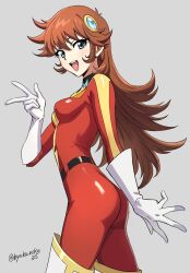 1girl belt blue_eyes bodysuit breasts brown_hair byakuroku35 gloves grendizer_u highres long_hair looking_at_viewer maria_grace_fleed mazinger_(series) medium_breasts multicolored_bodysuit multicolored_clothes open_mouth red_bodysuit skin_tight smile solo standing ufo_robo_grendizer yellow_bodysuit