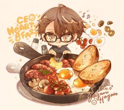 Rule 34 | 1boy, :q, bespectacled, black-framed eyewear, black shirt, bread, bread slice, brown eyes, brown hair, butter, character name, cherry tomato, chibi, commentary, ear piercing, earrings, english commentary, english text, food, food focus, fork, fried egg, frying pan, glasses, hair between eyes, highres, holding, holding fork, holding knife, jewelry, kagami hayato, knife, male focus, meat, mushroom, nao (bestrollever), nijisanji, pepper shaker, piercing, plate, salt shaker, sepia background, shirt, short hair, short sleeves, simple background, solo, sparkle, t-shirt, tomato, tongue, tongue out, virtual youtuber