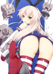 Rule 34 | &gt; &lt;, 10s, 1girl, :3, ass, bare shoulders, black panties, blonde hair, blush, chestnut mouth, closed eyes, elbow gloves, from behind, gloves, hair ornament, hair ribbon, highres, jougen, kantai collection, leaning, leaning forward, long hair, looking at viewer, looking back, open mouth, panties, pantyshot, personification, rensouhou-chan, ribbon, sailor collar, shimakaze (kancolle), skirt, solo, striped clothes, striped thighhighs, thighhighs, underwear, upskirt, white gloves