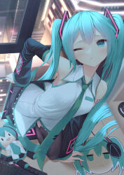 Rule 34 | 1girl, absurdres, aqua eyes, aqua hair, aqua necktie, bare shoulders, black skirt, black sleeves, blush, breasts, building, chinese commentary, city, closed mouth, commentary request, desk, detached sleeves, dot nose, grey shirt, hair ornament, hatsune miku, highres, indoors, keyboard (computer), long hair, looking at viewer, mouse (computer), mousepad (object), necktie, night, number tattoo, on desk, one eye closed, raimeso235, shirt, shoulder tattoo, skirt, sleeveless, sleeveless shirt, small breasts, solo, stuffed toy, tattoo, thighhighs, twintails, variant set, very long hair, vocaloid, window