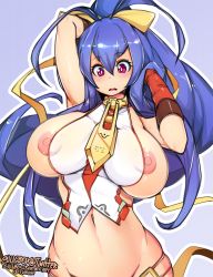 Rule 34 | 1girl, antenna hair, arm up, armpits, backless outfit, bare shoulders, blazblue, blue hair, blush, bow, breasts, genderswap, genderswap (mtf), gloves, groin, hair between eyes, hair bow, hair ribbon, halterneck, hand in own hair, highres, holding, holding own hair, large breasts, long hair, looking down, lowleg, lowleg pants, mai natsume, midriff, navel, nipple slip, nipples, no bra, no panties, pants, pink eyes, ponytail, purple background, purple eyes, red gloves, revealing clothes, ribbon, sidelocks, simple background, skindentation, slugbox, solo, stomach, surprised, sweat, thighs, very long hair, weapon, yellow bow