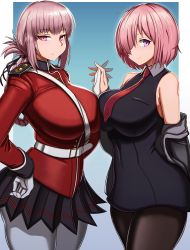 Rule 34 | 2girls, belt, black legwear, breast press, breasts, clothes pull, commission, dress, expressionless, fate/grand order, fate (series), florence nightingale (fate), folded ponytail, gloves, hair over one eye, hand on own hip, highres, holding hands, huge breasts, jacket, jacket pull, large breasts, long hair, mash kyrielight, military, military uniform, miniskirt, multiple girls, own hands together, pantyhose, pink eyes, pink hair, pleated skirt, purple eyes, short dress, short hair, skirt, sleeveless, sleeveless dress, smile, standby, symmetrical docking, uniform, white belt, white gloves, white legwear