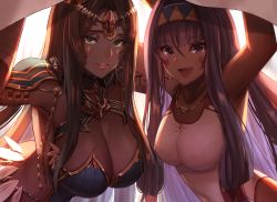 Rule 34 | 2girls, animal ears, arm up, arm wrap, armlet, armor, armpits, bandaged arm, bandages, bare shoulders, black hair, blanket, blue armor, blunt bangs, blush, breastplate, breasts, chain, circlet, closed mouth, collarbone, commentary request, competition swimsuit, dark-skinned female, dark skin, dolce (dolsuke), earrings, facepaint, facial mark, fate/grand order, fate (series), feathers, forehead jewel, green eyes, hair between eyes, hair tubes, hairband, highres, hoop earrings, jackal ears, jewelry, large breasts, long hair, looking at viewer, low-tied long hair, multiple girls, necklace, nitocris (fate), nitocris (fate/grand order), nitocris (swimsuit assassin) (fate), nitocris (swimsuit assassin) (second ascension) (fate), one-piece swimsuit, open mouth, parted bangs, pauldrons, purple eyes, purple hair, revision, scheherazade (fate), shoulder armor, sidelocks, smile, swimsuit, very long hair, white one-piece swimsuit