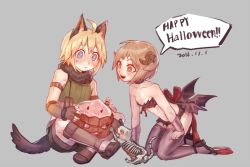 Rule 34 | 1boy, 1girl, adapted costume, ahoge, animal ears, back bow, bikini, black bikini, black footwear, blonde hair, blush, boots, bow, brown eyes, brown footwear, brown gloves, brown hair, brown horns, brown thighhighs, buubuu (loli69), cat, chinese commentary, closed mouth, commentary request, crop top, dated, demon girl, demon horns, demon wings, dog boy, dog ears, dog tail, fingerless gloves, flat chest, full body, gloves, green shirt, green shorts, grey eyes, happy halloween, high heels, horns, multiple wings, open mouth, poring, pouch, ragnarok online, ranger (ragnarok online), red bow, shirt, short hair, shorts, simple background, skeleton cat, sleeveless, sleeveless shirt, slime (creature), smile, strapless, strapless bikini, swimsuit, tail, thighhighs, wanderer (ragnarok online), wings