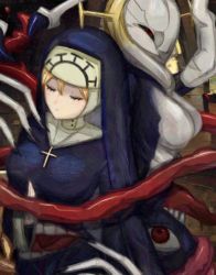 Rule 34 | 1girl, black nails, blonde hair, cross, cross necklace, crown, dual persona, extra eyes, extra mouth, closed eyes, habit, highres, jewelry, monster, monster girl, nail polish, necklace, nun, red eyes, skullgirls, solo