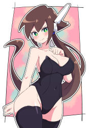 Rule 34 | 1girl, absurdres, aile (mega man zx), bare shoulders, black leotard, black thighhighs, blush, breasts, brown hair, buzzlyears, cleavage, closed mouth, collarbone, covered navel, green eyes, highres, large breasts, leotard, long hair, looking at viewer, mega man (series), mega man zx, smile, solo, thighhighs