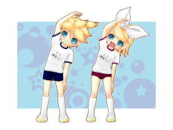 Rule 34 | 1boy, 1girl, :d, blonde hair, blue eyes, blush, brother and sister, buruma, fang, gym uniform, kagamine len, kagamine rin, kayano celica, name tag, open mouth, shoes, shorts, siblings, smile, socks, stretching, twins, uwabaki, vocaloid