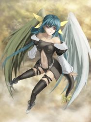 Rule 34 | 1girl, arc system works, asymmetrical wings, bad id, bad pixiv id, bare shoulders, blue hair, boots, bow, detached sleeves, dizzy (guilty gear), guilty gear, hair bow, ken&#039;ichi (nike8394), legs, long hair, navel, red eyes, ribbon, solo, tail, tail ornament, tail ribbon, thighhighs, wings