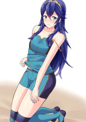 Rule 34 | 1girl, ameno (a meno0), armor, bad id, bad pixiv id, bike shorts, blue camisole, blue eyes, blue hair, blue shirt, blue shorts, blue thighhighs, blush, boyshort panties, broken armor, camisole, camisole lift, clothes lift, collarbone, fire emblem, fire emblem awakening, fire emblem warriors, flat chest, gameplay mechanics, hair between eyes, hairband, kneeling, long hair, looking away, lucina (fire emblem), nintendo, off shoulder, official alternate costume, official underwear, shirt, short shorts, shorts, sleeveless, sleeveless shirt, solo, thighhighs, underwear, underwear only, very long hair, white background, yellow hairband