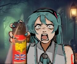 Rule 34 | 1girl, absurdres, artist name, bare shoulders, blue eyes, blue hair, blue nails, branch, collared shirt, commentary, english commentary, fingernails, grey shirt, hair between eyes, hand up, hatsune miku, hatsune miku does not talk to british people (meme), headphones, highres, holding, house, lantern, long hair, looking at viewer, melu 077, meme, nail polish, night, number tattoo, open mouth, outdoors, racism, screaming, shirt, sidelocks, sleeveless, sleeveless shirt, solo, spray can, standing, tattoo, teeth, tongue, tree, twintails, union jack, upper body, victor van dort spraying raid and screaming (meme), vocaloid