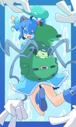 Rule 34 | 1girl, ahoge, backpack, bag, blue eyes, blue footwear, blue hair, boots, border, dress, extra arms, fang, frilled skirt, frills, from behind, hair bobbles, hair ornament, hat, unworn hat, unworn headgear, unworn headwear, highres, kawashiro nitori, long sleeves, looking at viewer, matching hair/eyes, op na yarou, open mouth, pocket, ribbon, rubber boots, shirt, short hair, simple background, skirt, skirt set, smile, solo, touhou, two side up, v