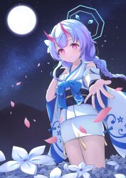 Rule 34 | 1girl, absurdres, blue archive, blue hair, blush, braid, chise (blue archive), detached sleeves, flower, hair between eyes, hair flower, hair ornament, halo, highres, horns, japanese clothes, long hair, long sleeves, looking at viewer, low twin braids, night, night sky, open mouth, peals, scenery, sky, solo, twin braids, yuja (yuja1124)