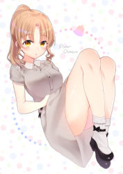 Rule 34 | 1girl, black bow, black footwear, blush, bobby socks, bow, breasts, brown dress, brown eyes, character name, collared dress, commentary request, dress, full body, gyozanuko, high ponytail, highres, light brown hair, long hair, looking at viewer, medium breasts, nijisanji, parted bangs, parted lips, ponytail, ribbed legwear, shoes, short sleeves, sister claire, sister claire (3rd costume), socks, solo, virtual youtuber, white background, white socks