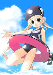 Rule 34 | 1girl, artist request, barefoot, black headwear, black one-piece swimsuit, blonde hair, blush, breasts, character request, cloud, green eyes, hair ornament, hat, holding, innertube, long hair, looking at viewer, name tag, ocean, one-piece swimsuit, open mouth, school swimsuit, sky, small breasts, smile, standing, swim ring, swimsuit, toy, toy airplane, twintails, water