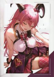 Rule 34 | 1girl, absurdres, arm support, armlet, bare shoulders, blonde hair, blush, breasts, closed eyes, curled horns, demon girl, demon horns, dress, frills, gold trim, hair ornament, headphones, headphones around neck, highres, hololive, horns, kakage, long hair, mano aloe, medium breasts, multicolored hair, musical note, open mouth, page number, pink hair, pointy ears, ribbon, scan, short dress, simple background, sitting, sleeveless, smile, thighs, virtual youtuber, wrist cuffs