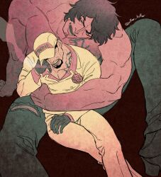 Rule 34 | 2boys, absurdres, aramaki (ryokugyu), bara, between legs, facial hair, feet out of frame, formal, goatee, head tilt, highres, hug, large pectorals, male focus, marine uniform (one piece), mature male, multiple boys, muscular, muscular male, mustache stubble, muted color, one piece, pants, pectoral cleavage, pectorals, puffer fluffer, sakazuki (akainu), short hair, size difference, spread legs, stubble, suit, thick eyebrows, topless male, yaoi