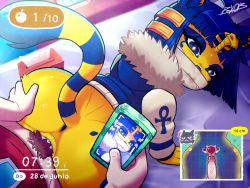 Rule 34 | 1boy, 1girl, all fours, animal crossing, animal ear fluff, animal ears, animal hands, animal nose, ankh, ankha (animal crossing), anus, artist name, ass grab, bandaged head, bandages, bed sheet, blue eyes, blue eyeshadow, blue hair, blue jacket, blunt bangs, bob cut, body fur, bottomless, cat ears, cat girl, cat tail, cellphone, covered mouth, dated, day, doggystyle, egyptian, erection, eyeshadow, fallopian tubes, from above, from behind, fur-trimmed jacket, fur collar, fur trim, furry, furry female, furry with non-furry, gold, hair ornament, half-closed eyes, heart, hetero, highres, holding, holding phone, hood, hood down, hooded jacket, indoors, interspecies, jacket, long sleeves, looking at viewer, looking back, makeup, male pubic hair, mole, mole on ass, multiple views, nintendo, on bed, panteon013, penis, phone, pov, pubic hair, pussy, pussy juice, raglan sleeves, recording, red shirt, saliva, self-upload, sex, sex from behind, shirt, short hair, sidelocks, signature, smartphone, snake hair ornament, solo focus, spanish text, striped tail, sweat, tail, tail raised, timestamp, tissue, tissue box, translated, uncensored, uterus, veins, veiny penis, villager (animal crossing), white sleeves, x-ray, yellow fur, yellow pupils