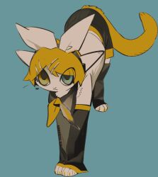 Rule 34 | animal, animalization, black sleeves, blonde hair, blue background, blue eyes, cat, detached sleeves, hair ornament, hairclip, heterochromia, kagamine rin, moonagvaze, no humans, short hair, simple background, vocaloid, yellow eyes