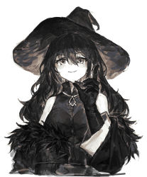Rule 34 | 1girl, absurdres, bare shoulders, black gloves, black hair, black hat, breasts, coat, gloves, hair between eyes, hat, highres, index finger raised, long hair, looking at viewer, monochrome, off shoulder, original, simple background, sleeveless, small breasts, smile, solo, upper body, white background, witch, witch hat, yanyan (shinken gomi)