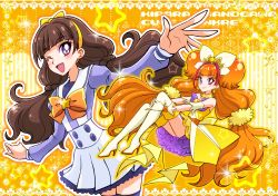 Rule 34 | 2girls, ;d, amanogawa kirara, boots, bow, brown hair, character name, cure twinkle, dual persona, earrings, gloves, go! princess precure, hairband, high heel boots, high heels, highres, jewelry, long hair, low-tied long hair, magical girl, multicolored hair, multiple girls, nanjou akimasa, one eye closed, open mouth, orange background, orange hair, precure, purple eyes, quad tails, red hair, school uniform, skirt, smile, sparkle, star (symbol), star earrings, streaked hair, thigh boots, thighhighs, twintails, two-tone hair, white footwear, white legwear, white skirt