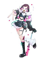 Rule 34 | 1girl, :d, bakoma tsuno, baseball bat, black bow, black choker, black footwear, black skirt, bow, brown hair, choker, colored inner hair, cross-laced footwear, dairoku ryouhei, earrings, fang, fishnet pantyhose, fishnets, flat chest, full body, gradient eyes, heart, highres, jacket, jacket partially removed, jewelry, looking at viewer, midriff, multicolored eyes, multicolored hair, navel, o-ring, open mouth, osimaru, pantyhose, pink eyes, pink hair, pink nails, short hair, skirt, smile, solo, standing, standing on one leg, stuffed toy, transparent background, v