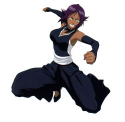 Rule 34 | 1girl, armored leotard, black leotard, bleach, bleach: brave souls, breasts, clenched hands, dark skin, dress, fighting stance, full body, high ponytail, highres, kubo tite, large breasts, leotard, looking at viewer, official art, purple dress, purple hair, shihouin yoruichi, sideboob, simple background, smile, wide hips, yellow eyes
