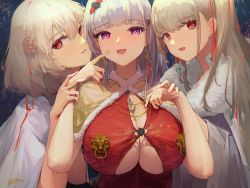 Rule 34 | 3girls, alternate costume, anchor necklace, azur lane, breasts, cape, capelet, commentary request, dido (azur lane), dress, earrings, fireworks, flower, formidable (azur lane), fur-trimmed capelet, fur trim, hair flower, hair ornament, highres, huge breasts, jewelry, kioroshin, light purple hair, long hair, looking at viewer, looking to the side, medium hair, multiple girls, necklace, open mouth, platinum blonde hair, purple eyes, red dress, red eyes, revision, sirius (azur lane), underboob, upper body, very long hair, white cape, white hair, yellow capelet